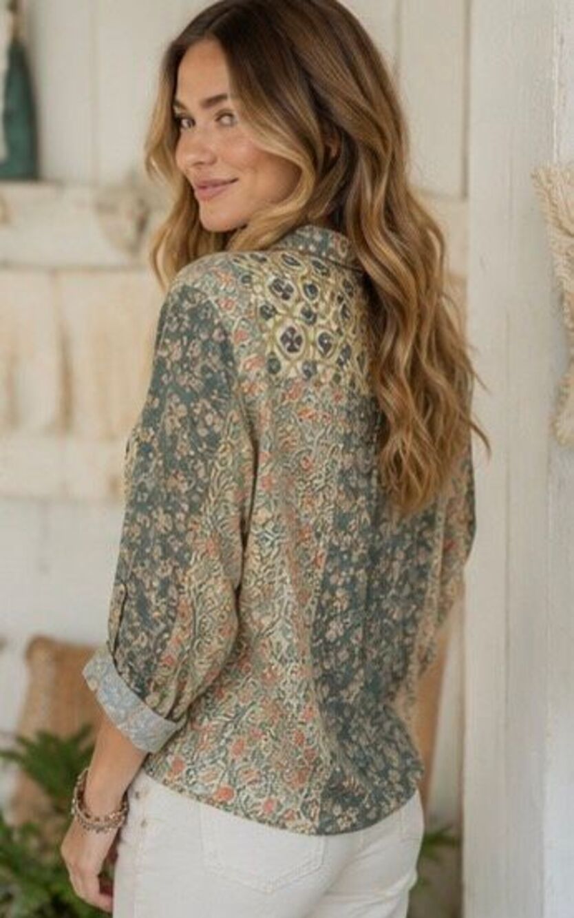 Natural Life Lola Mixed Floral Patchwork Tie Front Blouse Top Rayon Boho Size L - Picture 11 of 12